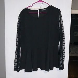 Black empire waist top with mesh polka dot sleeves